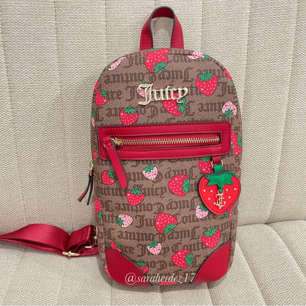 NEW Juicy Couture Strawberry Monogram Sling Backpack Brown Red Gold Tone